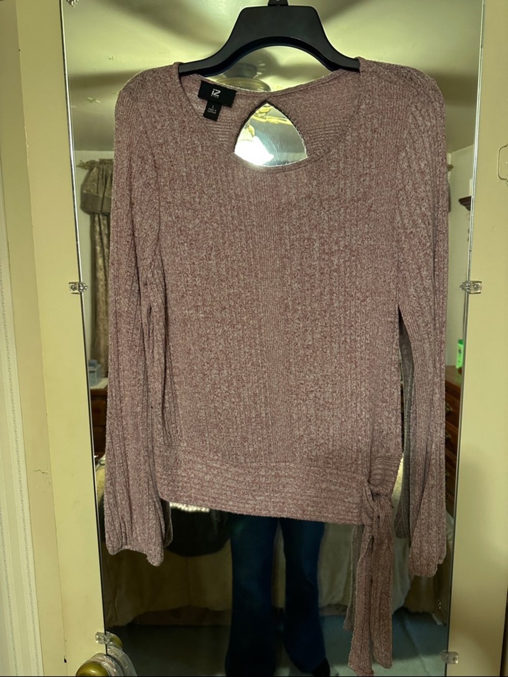 Iz Byer Mauve Ribbed Tie-Accent Crewneck Sweater